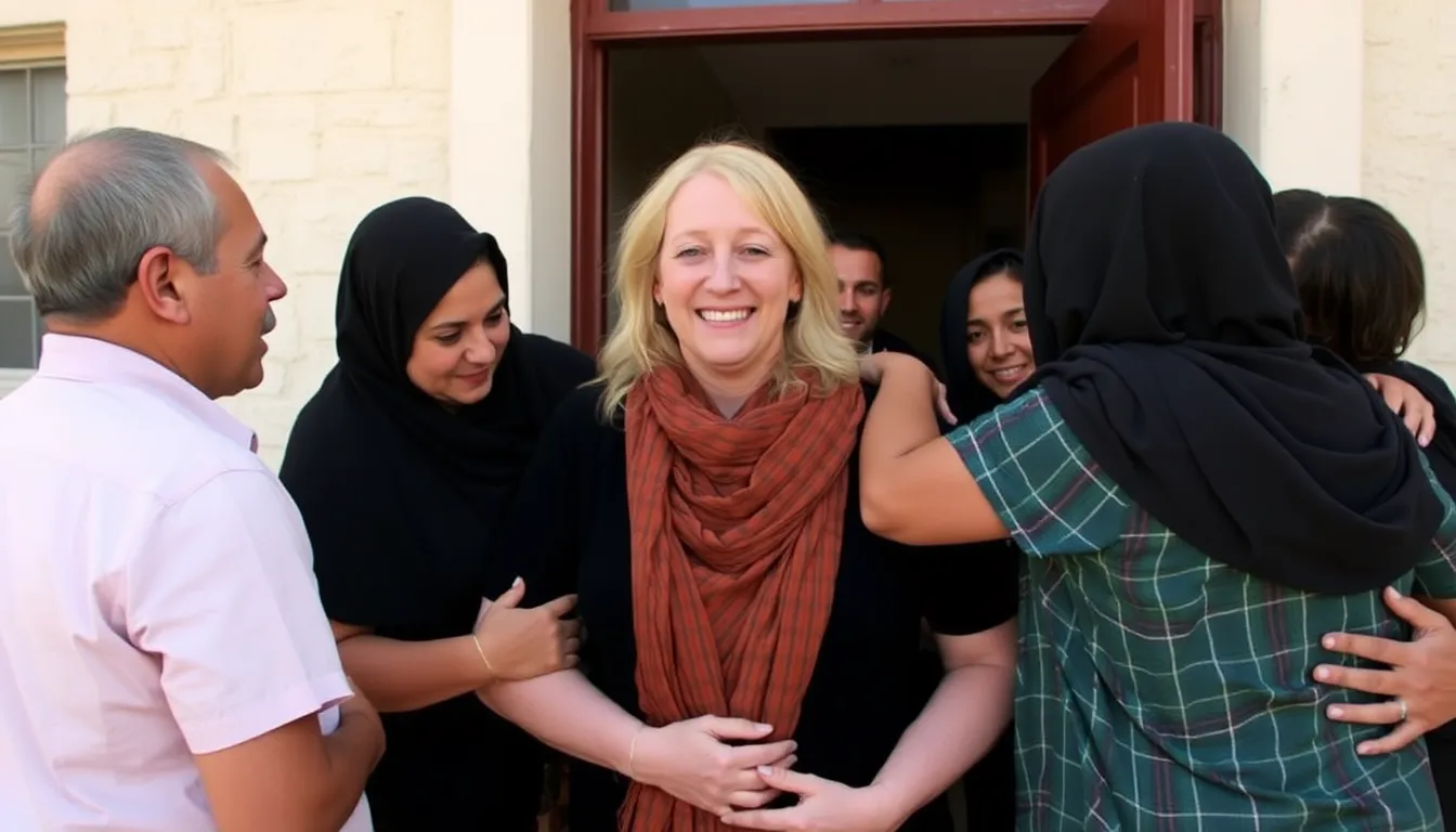Shelly Kittleson is embraced by her family outside a building, visibly relieved and emotional after her release from captivity in Iraq.