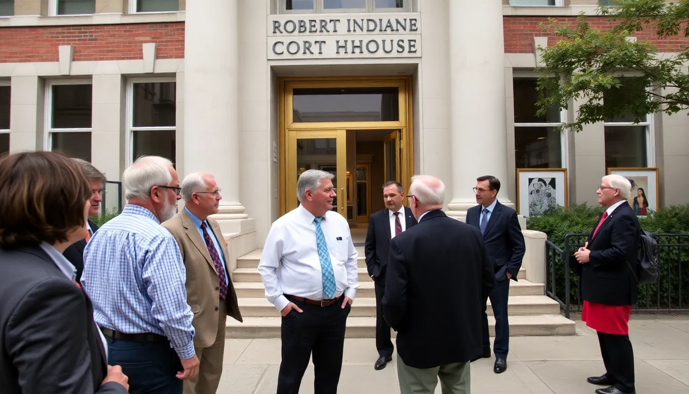 A group of art dealers stands outside a courthouse, discussing the recent 0 million ruling in the Robert Indiana case regarding unauthorized use of the artist's name and works.