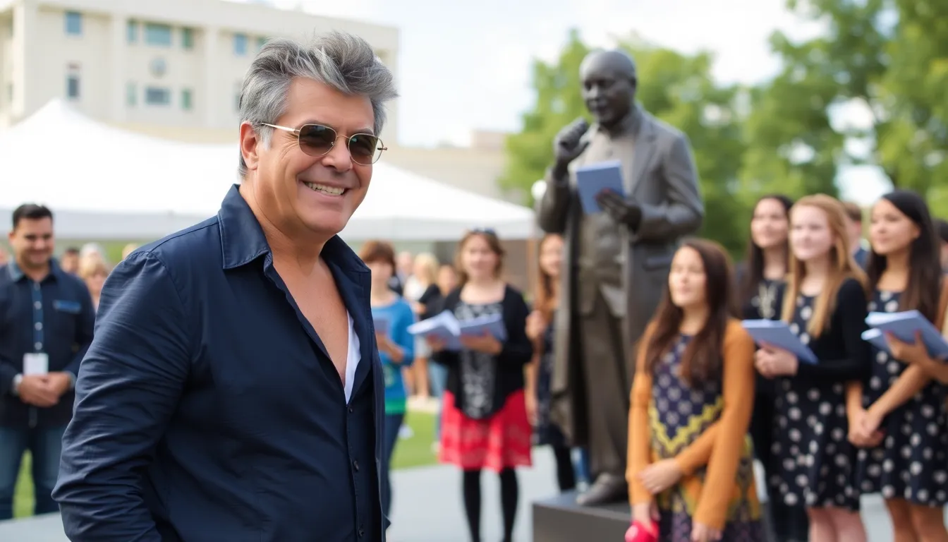 Simon Cowell stands on stage with a school choir, smiling and engaging with the young performers during a surprise statue unveiling event.