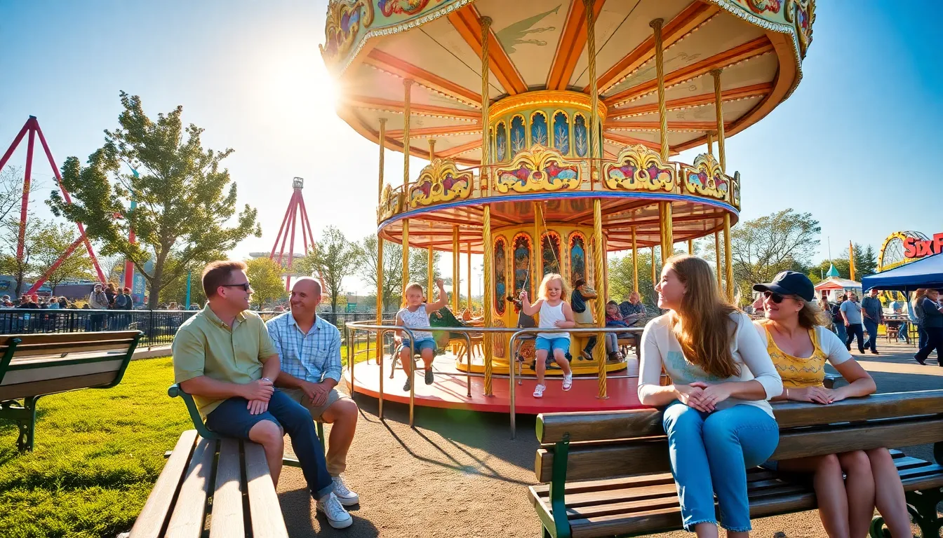 Families enjoy a sunny day at Six Flags, with children laughing on a colorful carousel while parents watch from nearby benches.