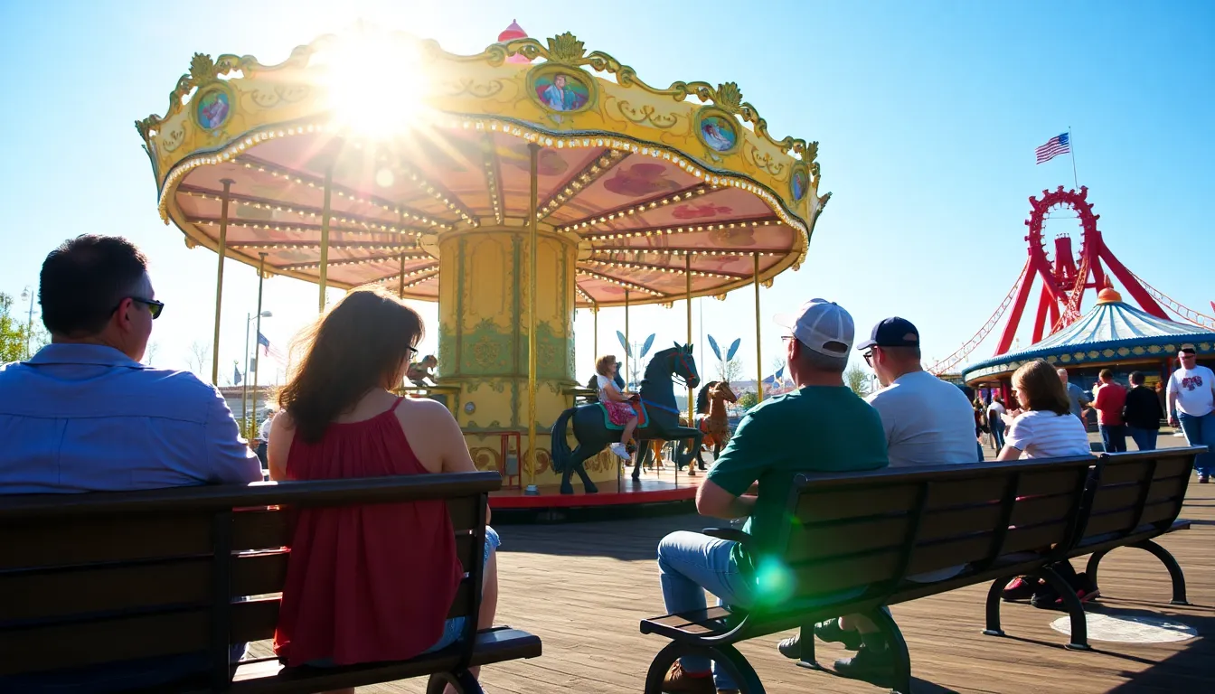 A bustling scene of families exploring the park, highlighting the diverse attractions and activities available for all ages at Six Flags