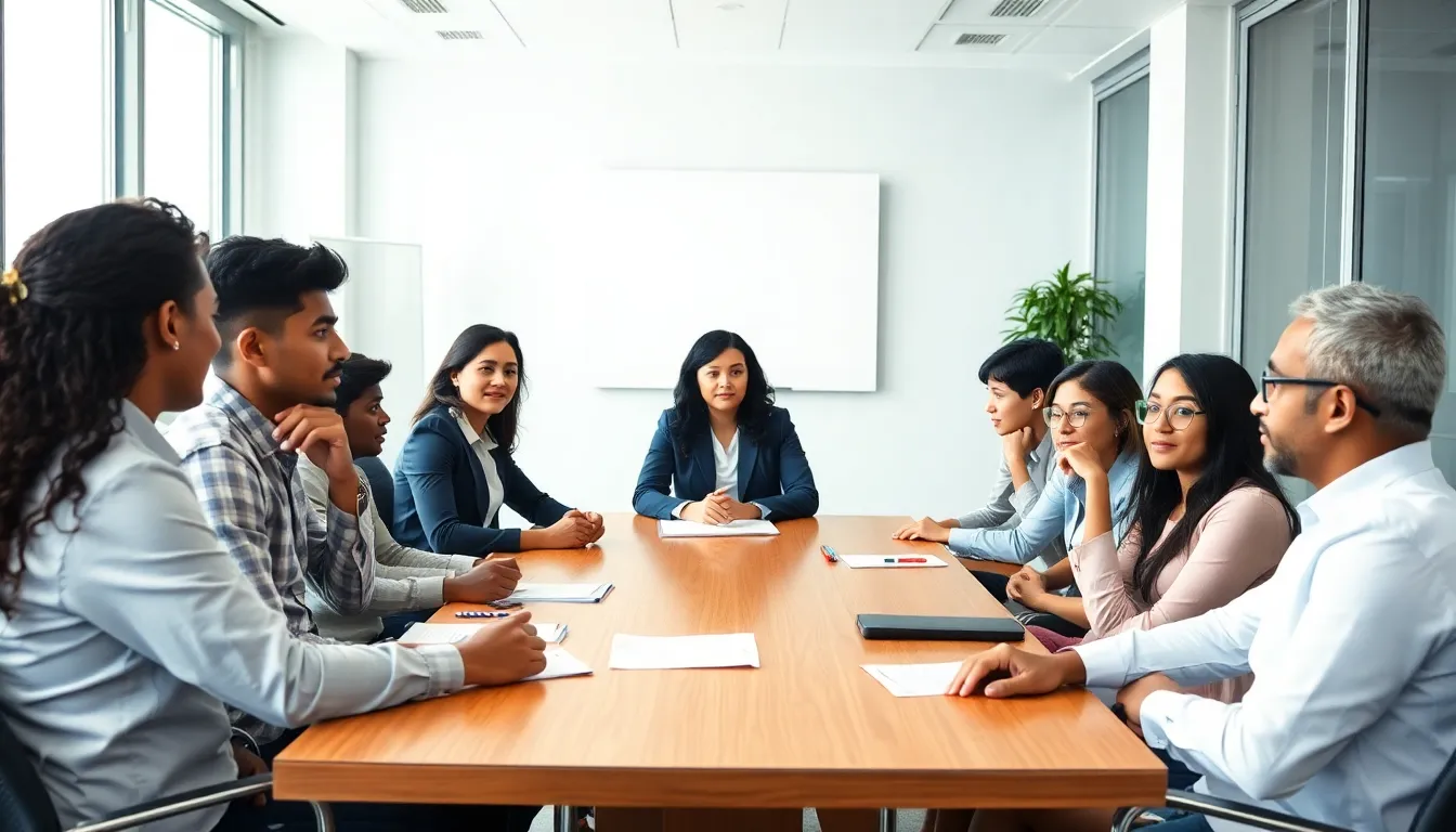 A group of skilled foreign workers gathers in a conference room, discussing their concerns about visa uncertainties and the rising cost of living in major U.S. cities.
