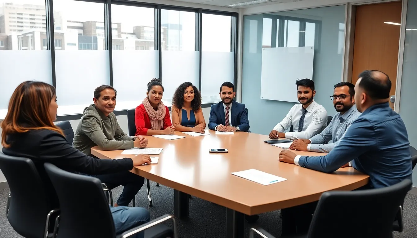 A diverse group of professionals discussing potential career opportunities outside the U.S. as they face immigration uncertainties