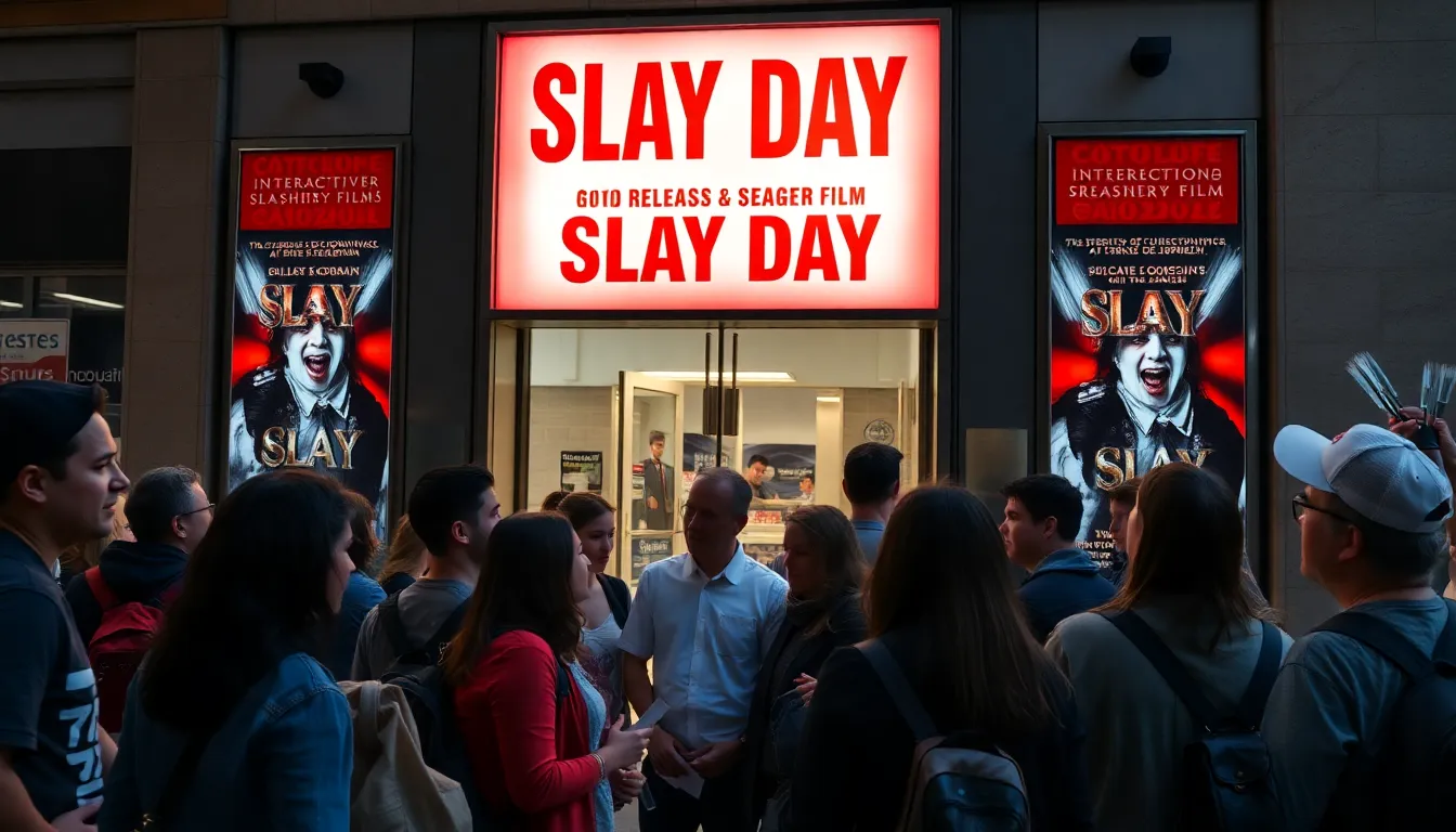 A diverse group of film enthusiasts gathers at a bustling cinema, eagerly discussing the upcoming release of the interactive slasher film Slay Day set for Presidents Day 2027.