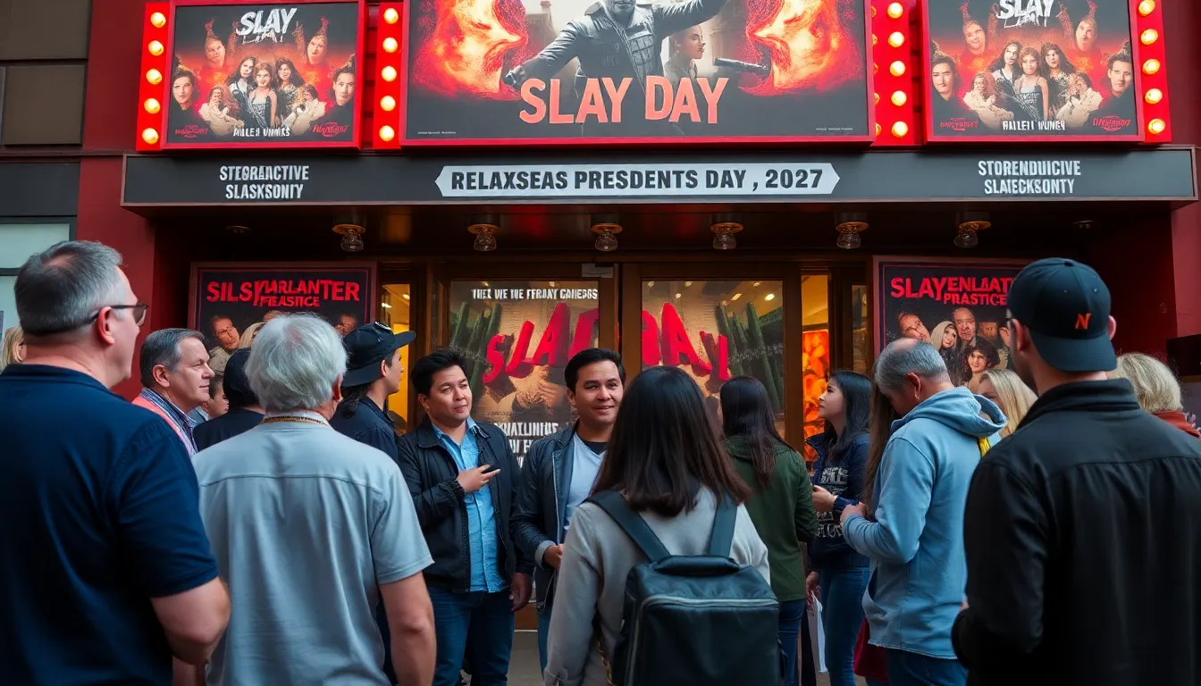 A bustling cinema lobby filled with excited viewers anticipating the release of 'Slay Day,' highlighting the vibrant atmosphere during Presidents' Day weekend