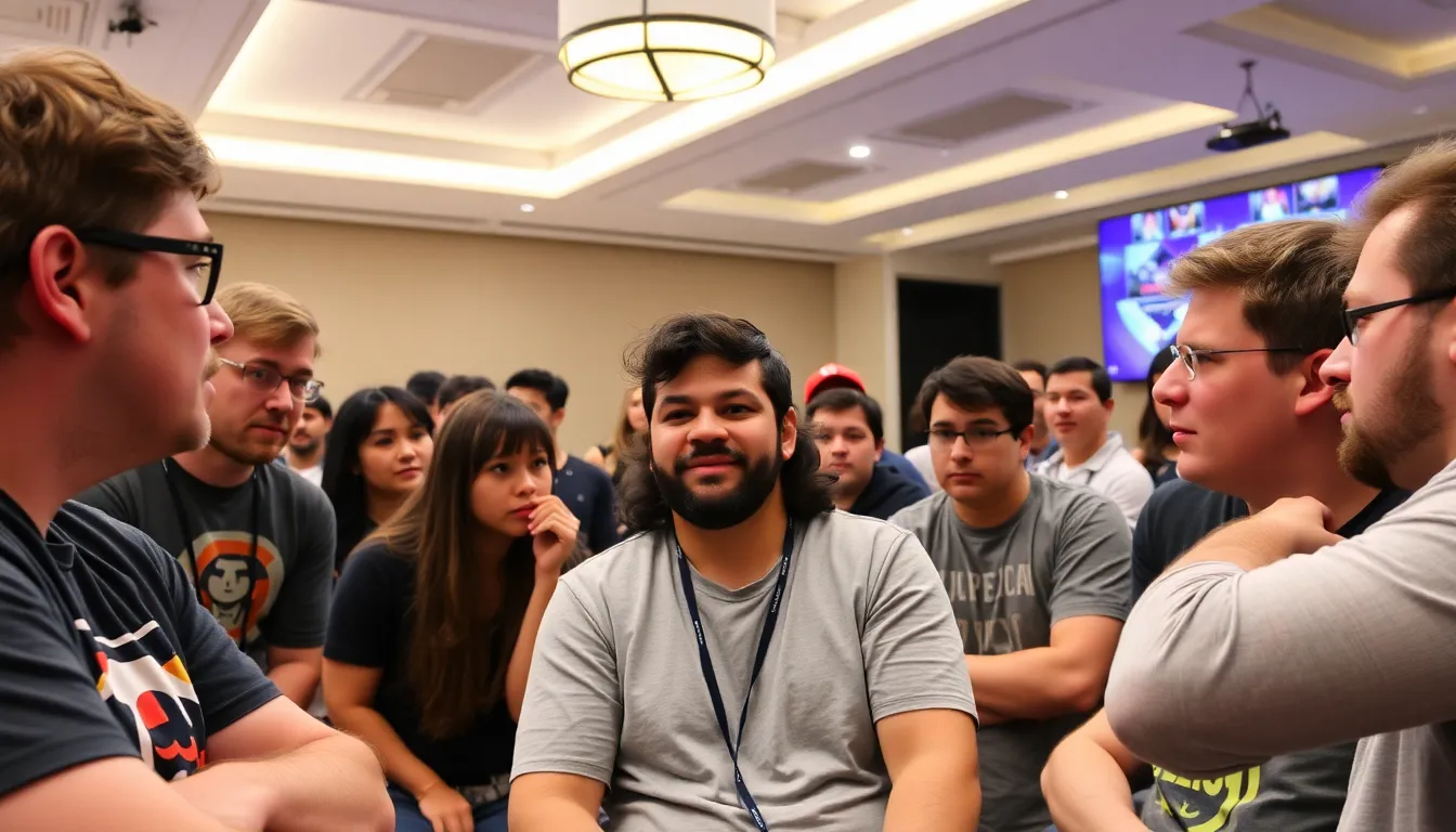 A group of passionate Super Smash Bros. fans passionately debates the competitive merits of Melee and Ultimate during a livestream event, with some showing signs of frustration and others expressing support for both games.