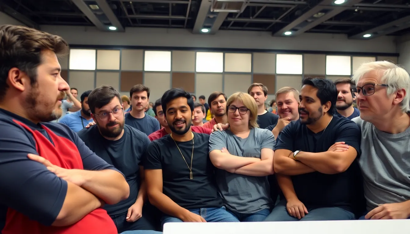 A crowded esports event where players from both Melee and Ultimate gather, emphasizing the camaraderie and rivalry that defines the Smash community