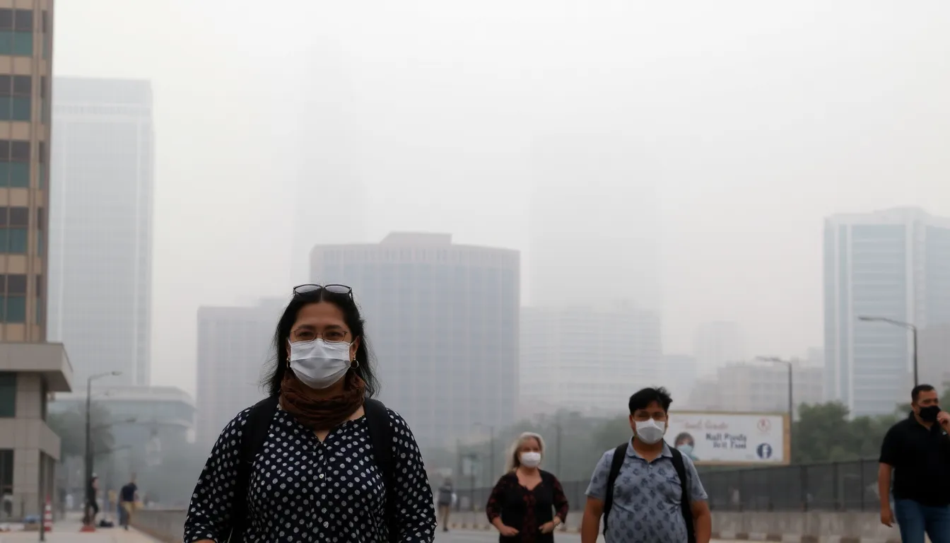 Thick smog blankets the skyline of Phoenix, obscuring buildings and creating a hazy atmosphere as residents navigate the streets wearing masks.