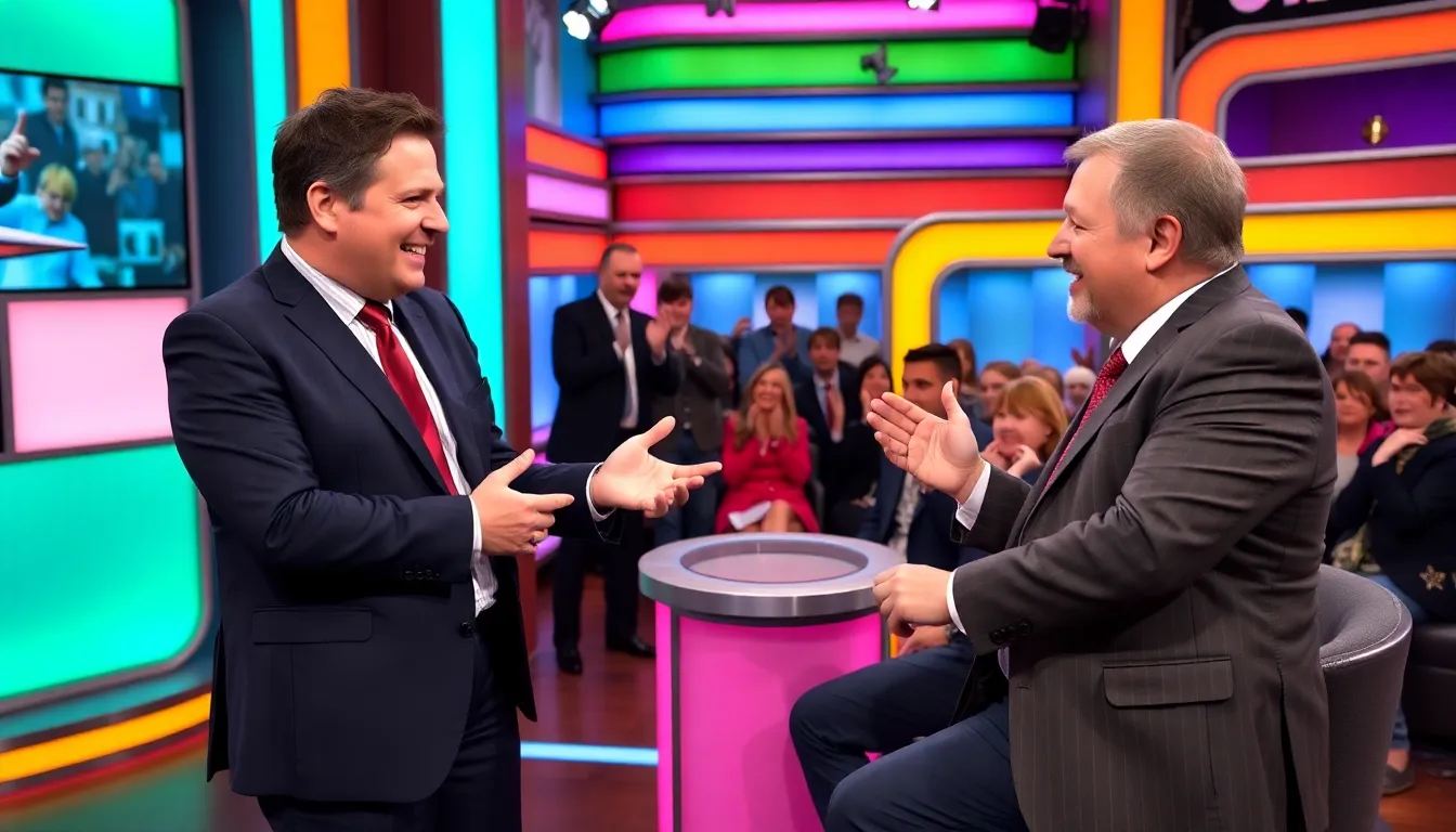Jeremy Clarkson playfully quizzes Labour leader Keir Starmer in a game show setting, highlighting the comedic tension of UK politics as they prepare for the upcoming general election.