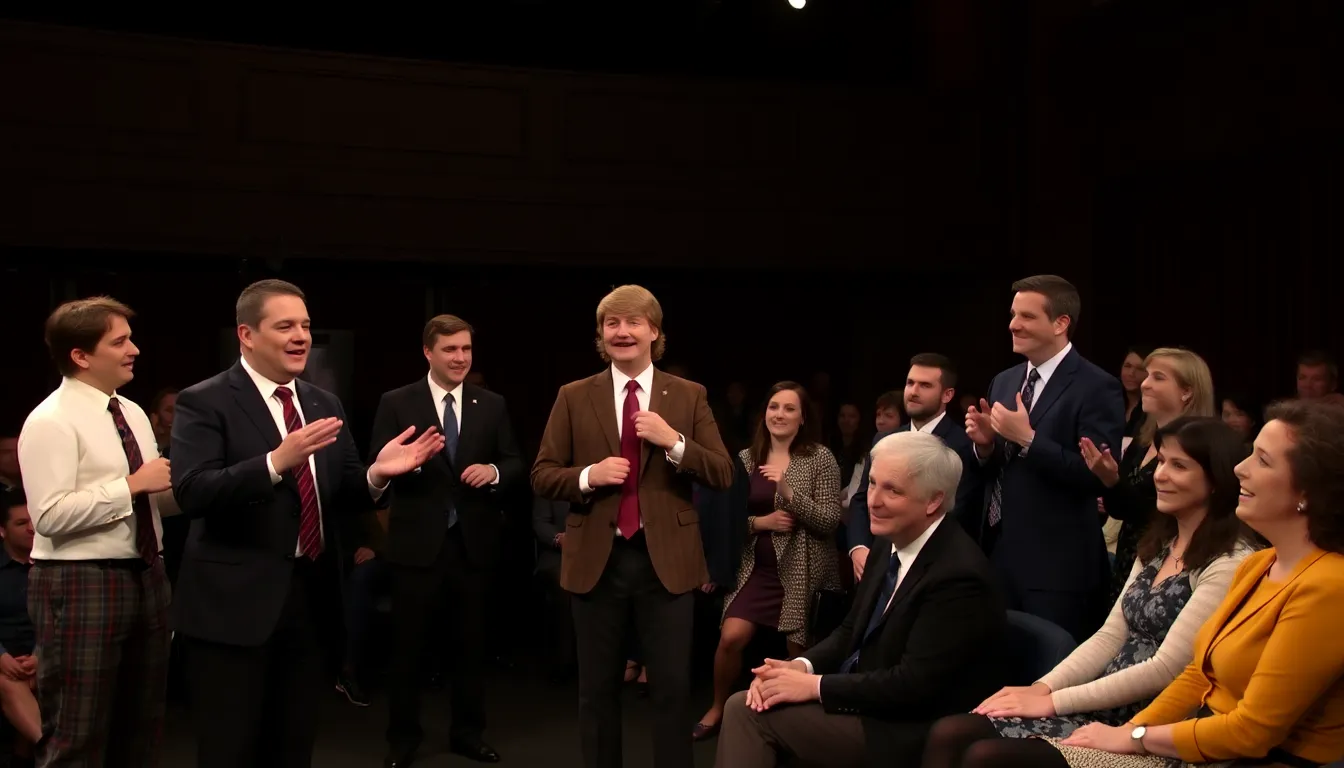 A scene from the segment showing audience members reacting with surprise and laughter to the controversial comparison between Zuckerberg and historical figures