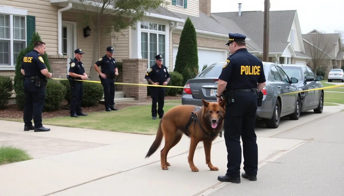 Police officers stand outside a suburban home as they respond to reports of a runaway wolf, which was later revealed to be an AIgenerated image shared on social media.