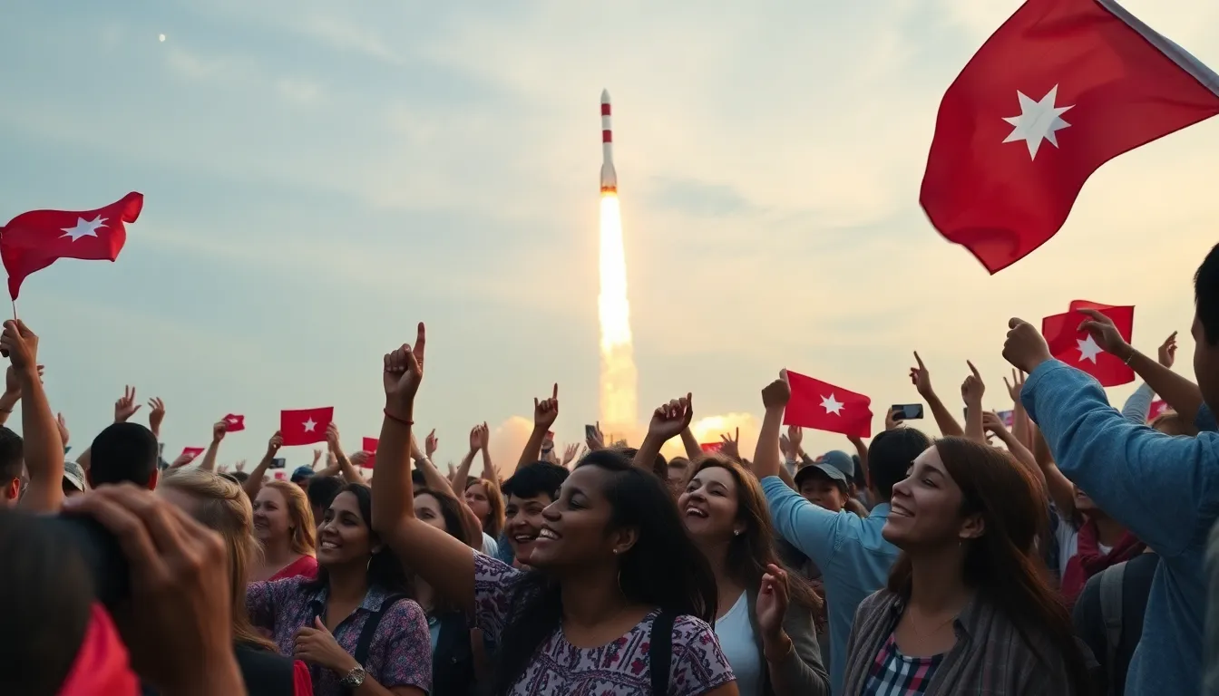 Crowds gather in celebration as a rocket launches into the sky, symbolizing renewed excitement for space travel and exploration.
