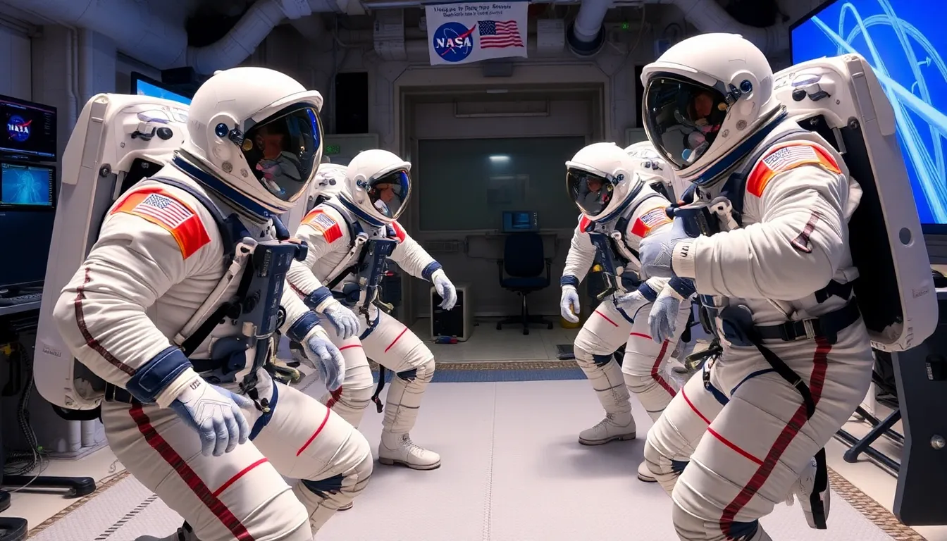Astronauts test new streamlined space suits designed for comfort and mobility during a training exercise at a NASA facility.