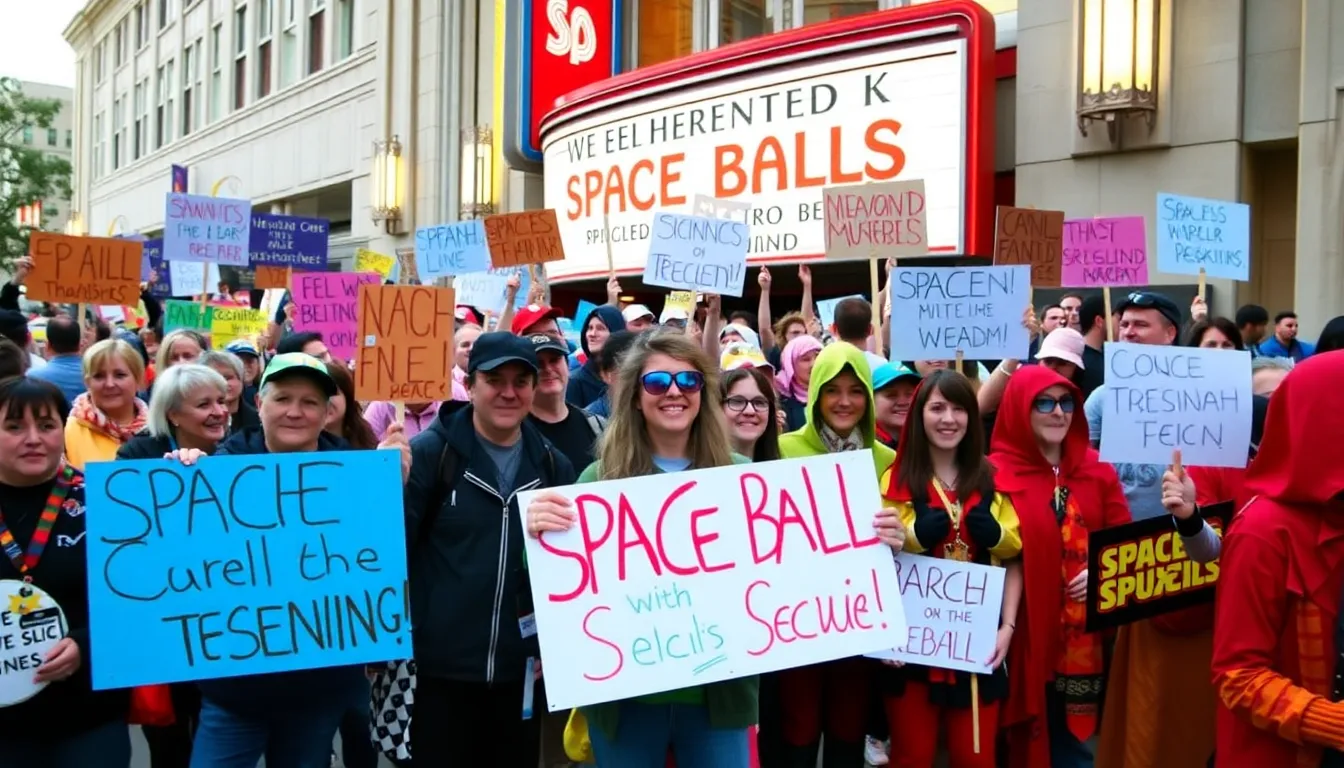 A crowd of excited fans gathers outside a theater, holding signs and wearing costumes in anticipation of the announcement for the upcoming Spaceballs sequel.