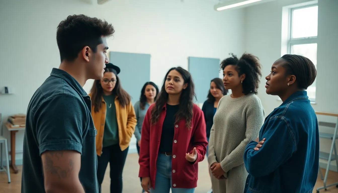 A diverse cast rehearses a scene from a modern adaptation of a classic love story, highlighting the protagonist's visible acne as part of the narrative's focus on authenticity and reallife struggles.