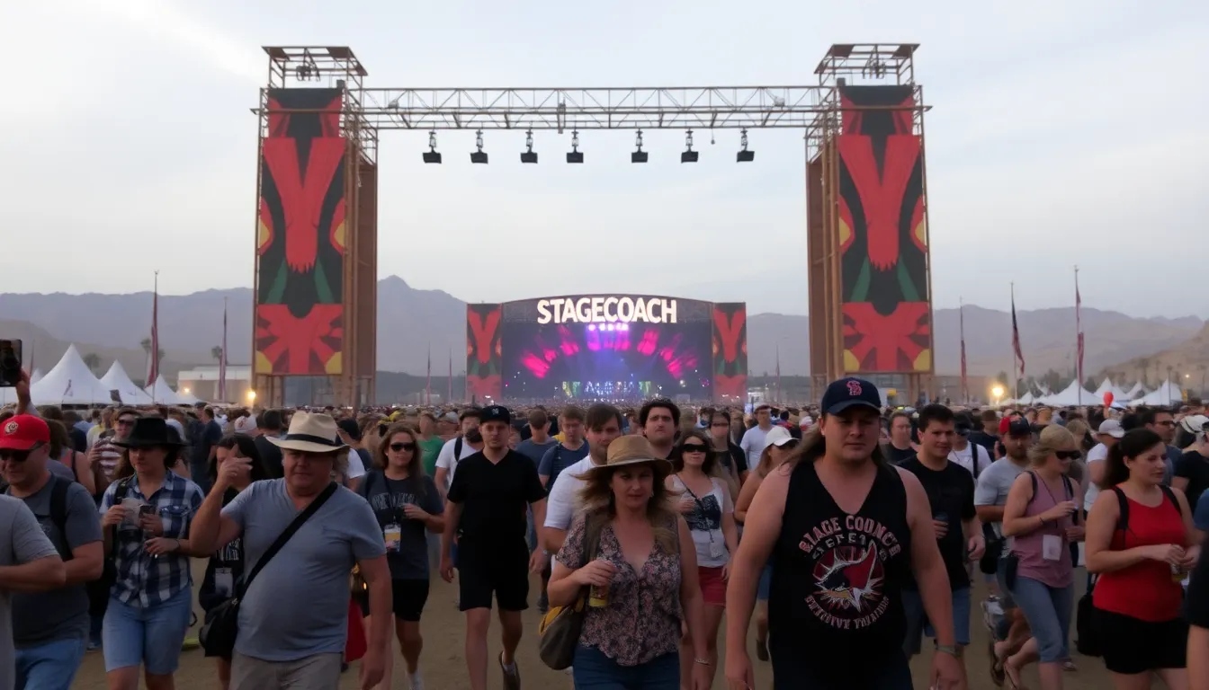 A view of the festival grounds as attendees temporarily leave the venue due to severe wind conditions