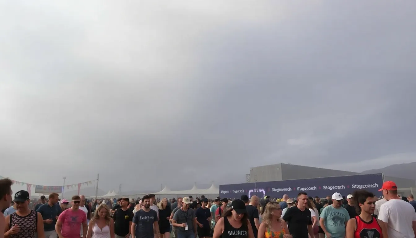 Festival staff and emergency services coordinating efforts to ensure the safe evacuation of participants amid gusty winds