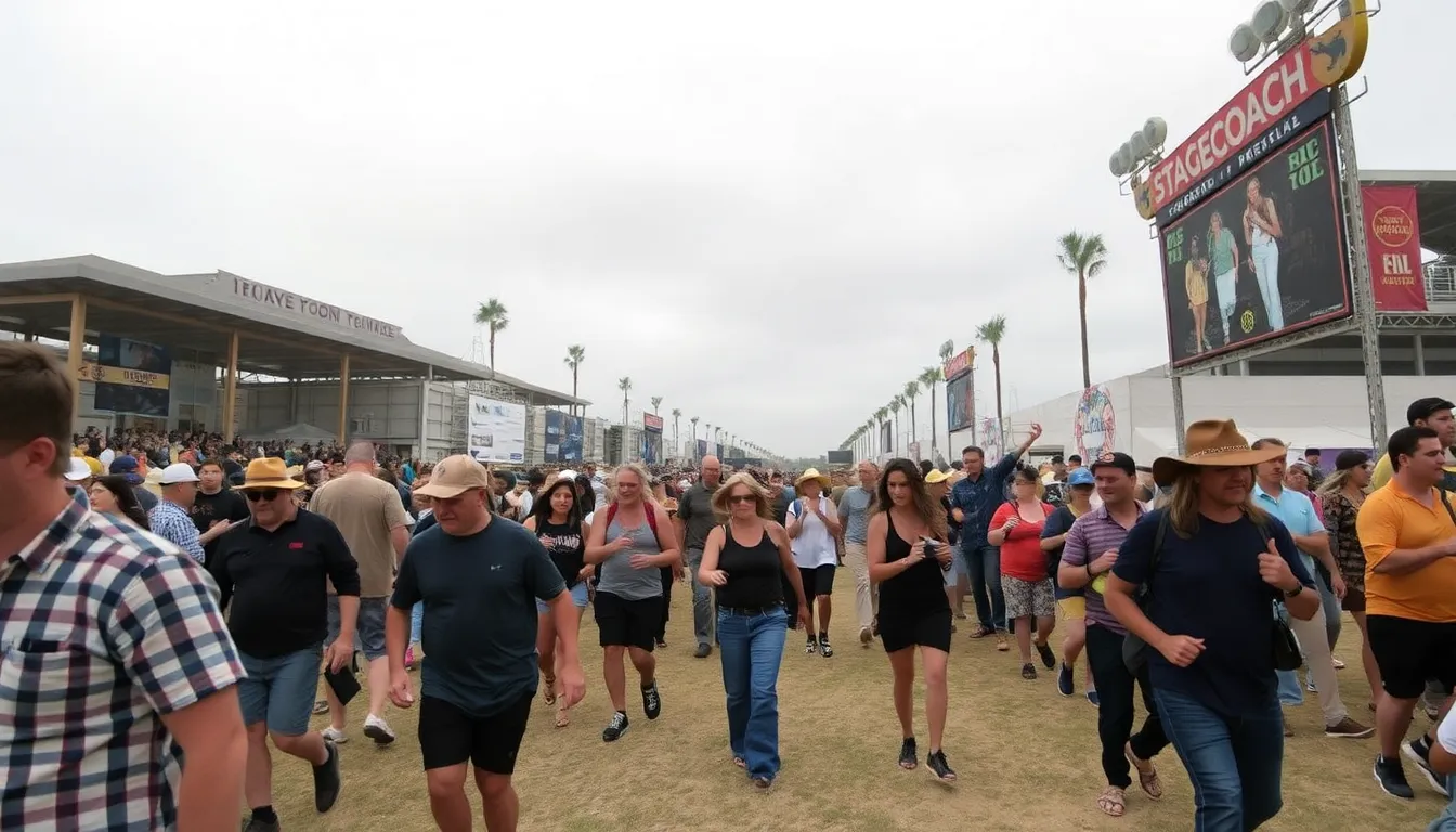 The crowd returning to the festival site after the emergency evacuation, eager to resume the performances as conditions improve