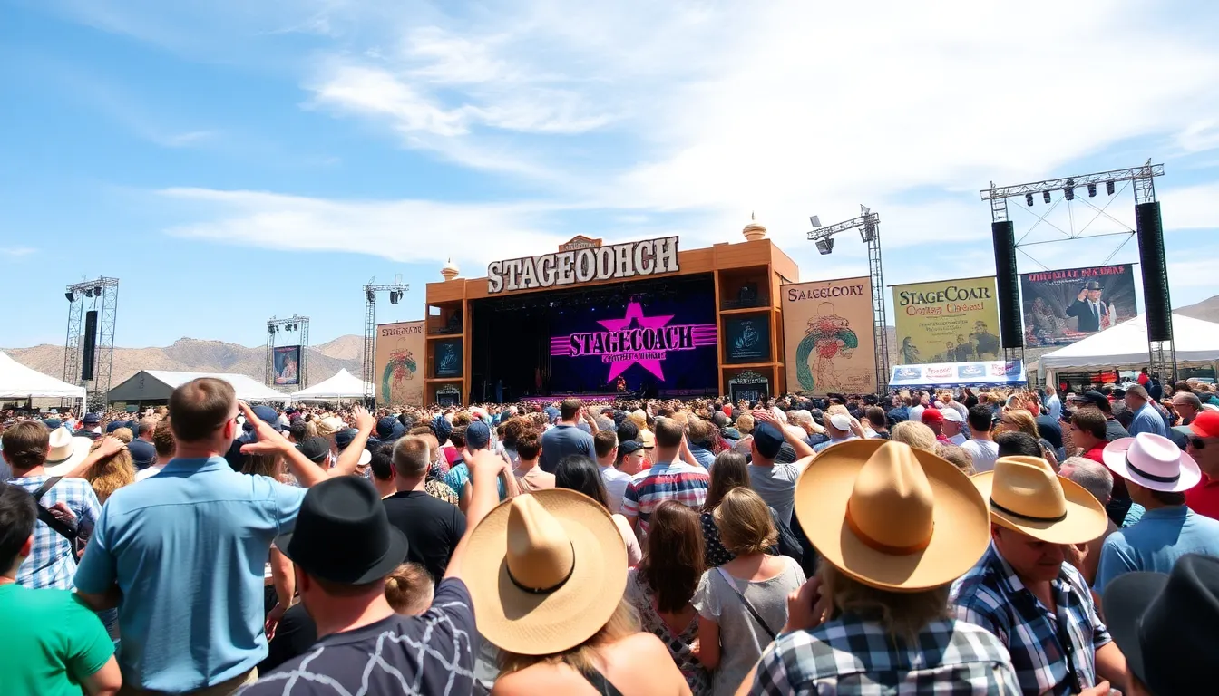 A crowd of enthusiastic fans gathers under a clear blue sky at the Stagecoach Festival, eagerly awaiting the performances of popular country music artists.