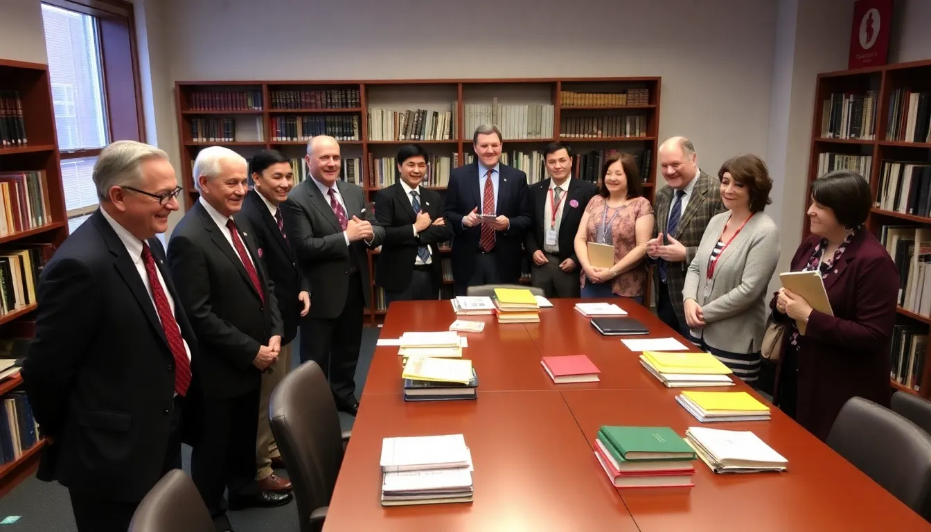 A group of Stanford University officials and scholars celebrate the court ruling that allows the university to keep the diaries of Mao Zedong's former secretary, Li Rui, in a conference room filled with books and documents.