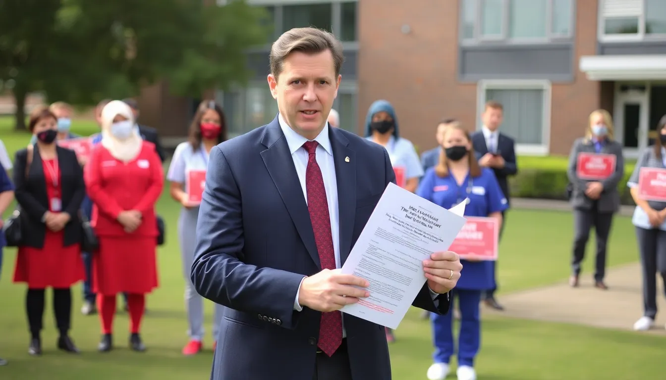 Keir Starmer speaks to a crowd of healthcare workers, urging them to reconsider their planned strike while holding a document outlining a new jobs package.