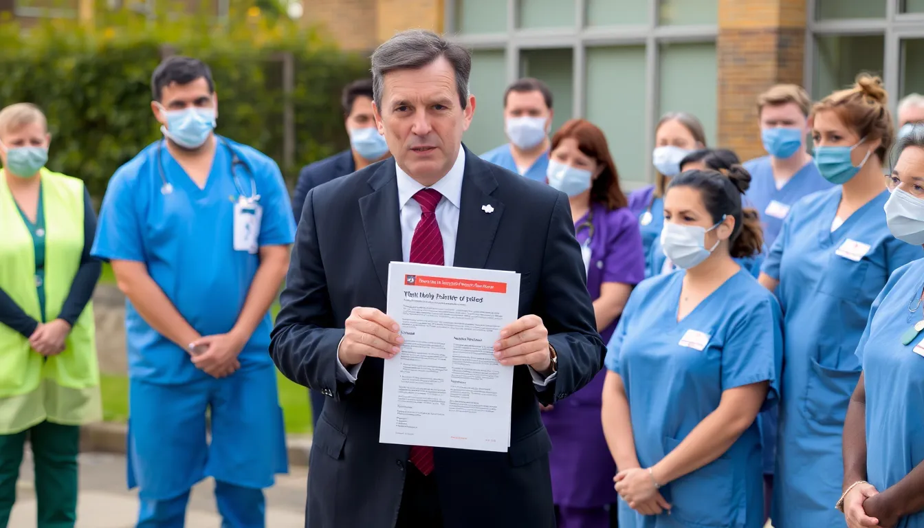 A group of healthcare professionals holding protest signs, advocating for better pay and working conditions amidst ongoing negotiations