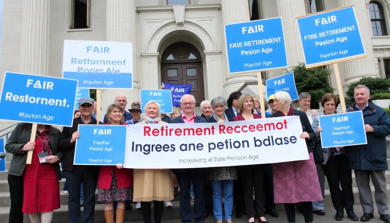 A group of people of various ages gathers outside a government building, holding signs and banners advocating for fair retirement policies in response to the rising state pension age.