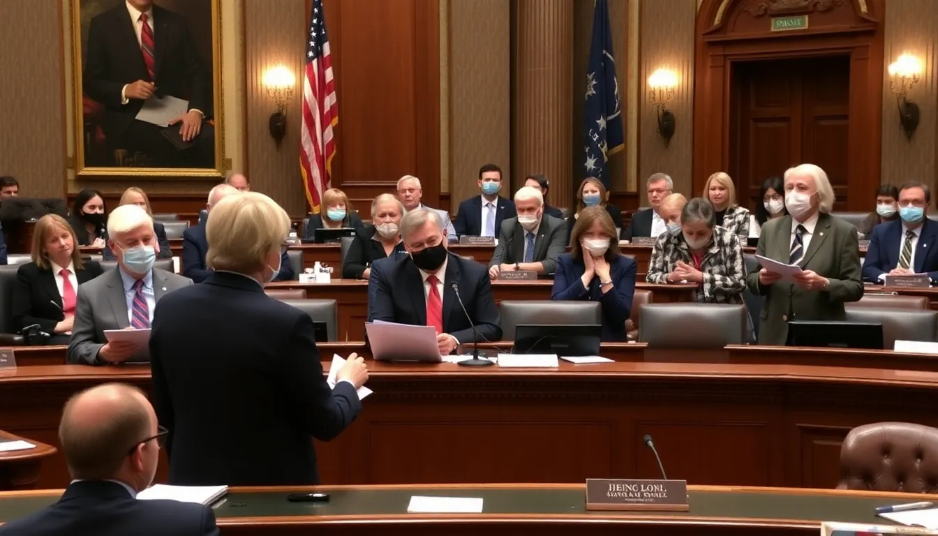 A group of lawmakers debates public health policies in a state legislature, with some expressing concerns about the effectiveness of strict stayathome orders during the COVID19 pandemic.