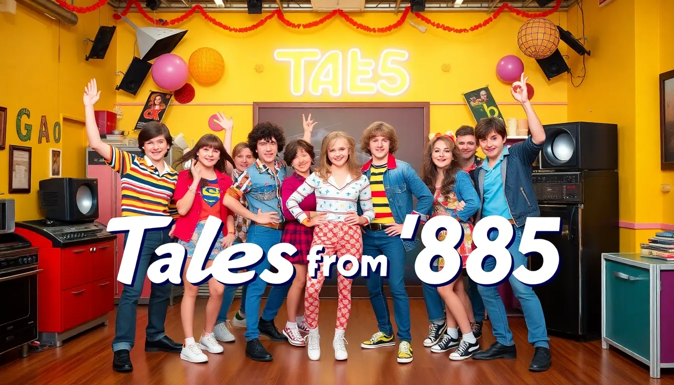 A group of young actors dressed in 1980s attire enthusiastically poses together on a vibrant set designed to reflect the nostalgic atmosphere of the spinoff series Tales from '85.