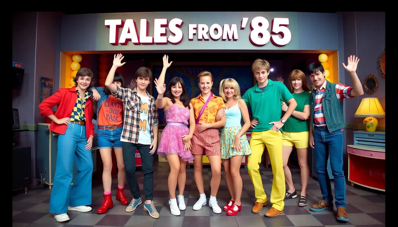 A vibrant depiction of the 1980s aesthetic, showcasing the fashion and cultural elements that defined the era