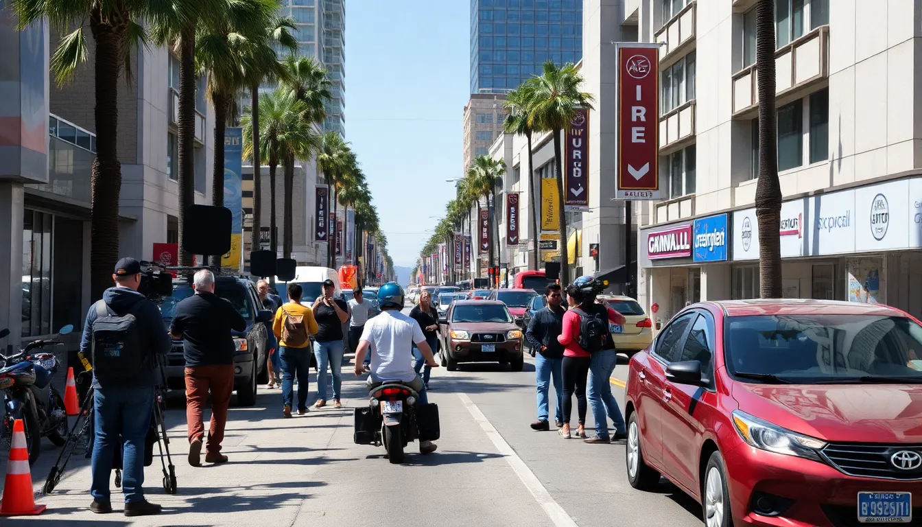 A bustling Los Angeles street is filled with crew members and equipment as preparations begin for the filming of the gaming cyber thriller 'Streamer.'