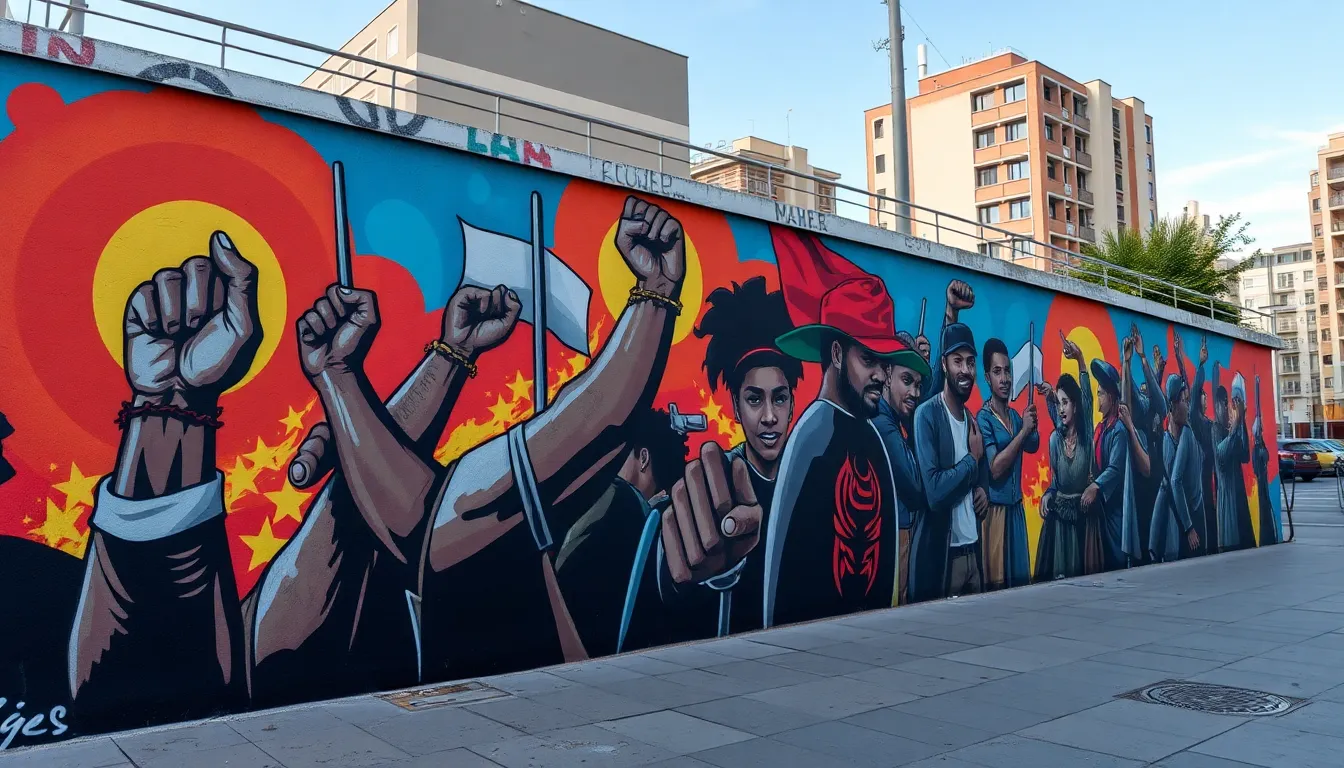 A vibrant mural by Paulo Nimer Pjota adorns a city wall, showcasing dynamic hiphopinspired imagery that reflects themes of resistance and empowerment within the context of Brazil's street culture.