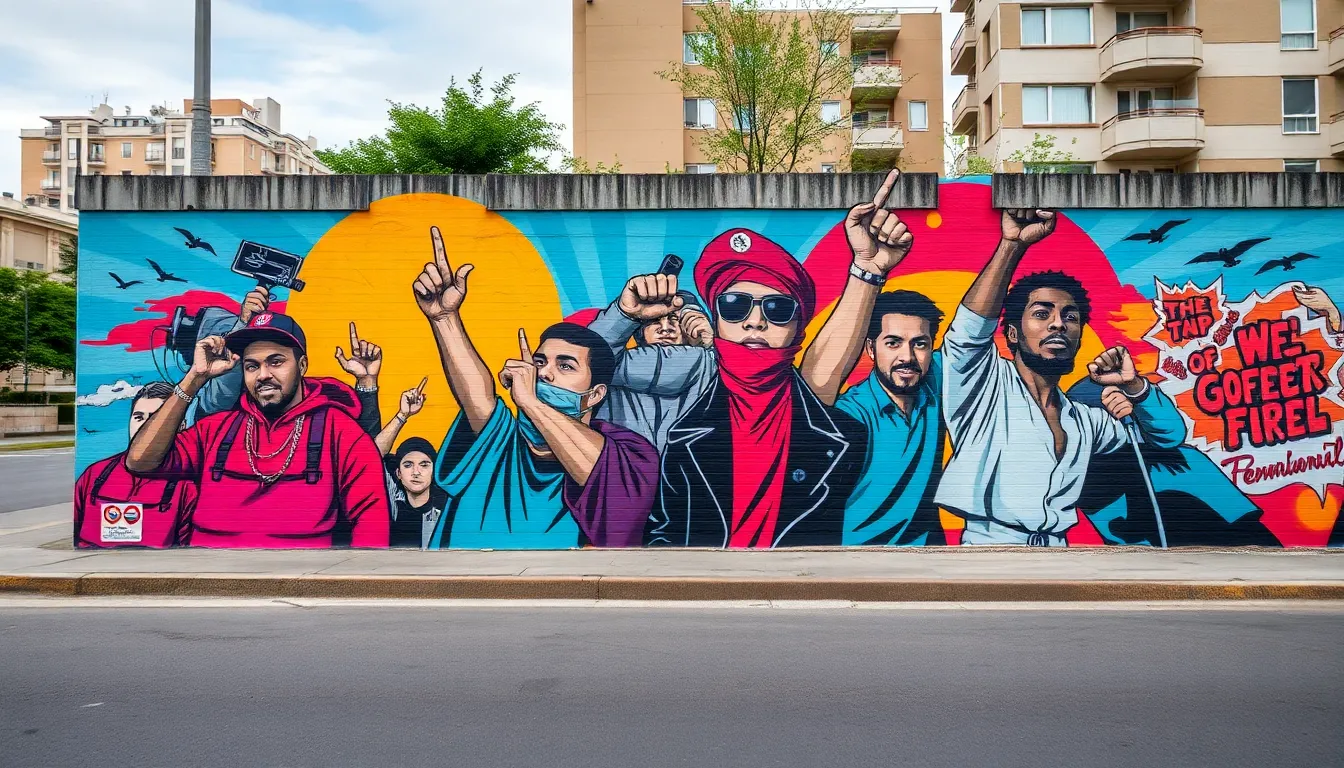 A bustling street scene in Brazil's favelas, where colorful graffiti and hiphop culture reflect the sociopolitical struggles and aspirations of local residents