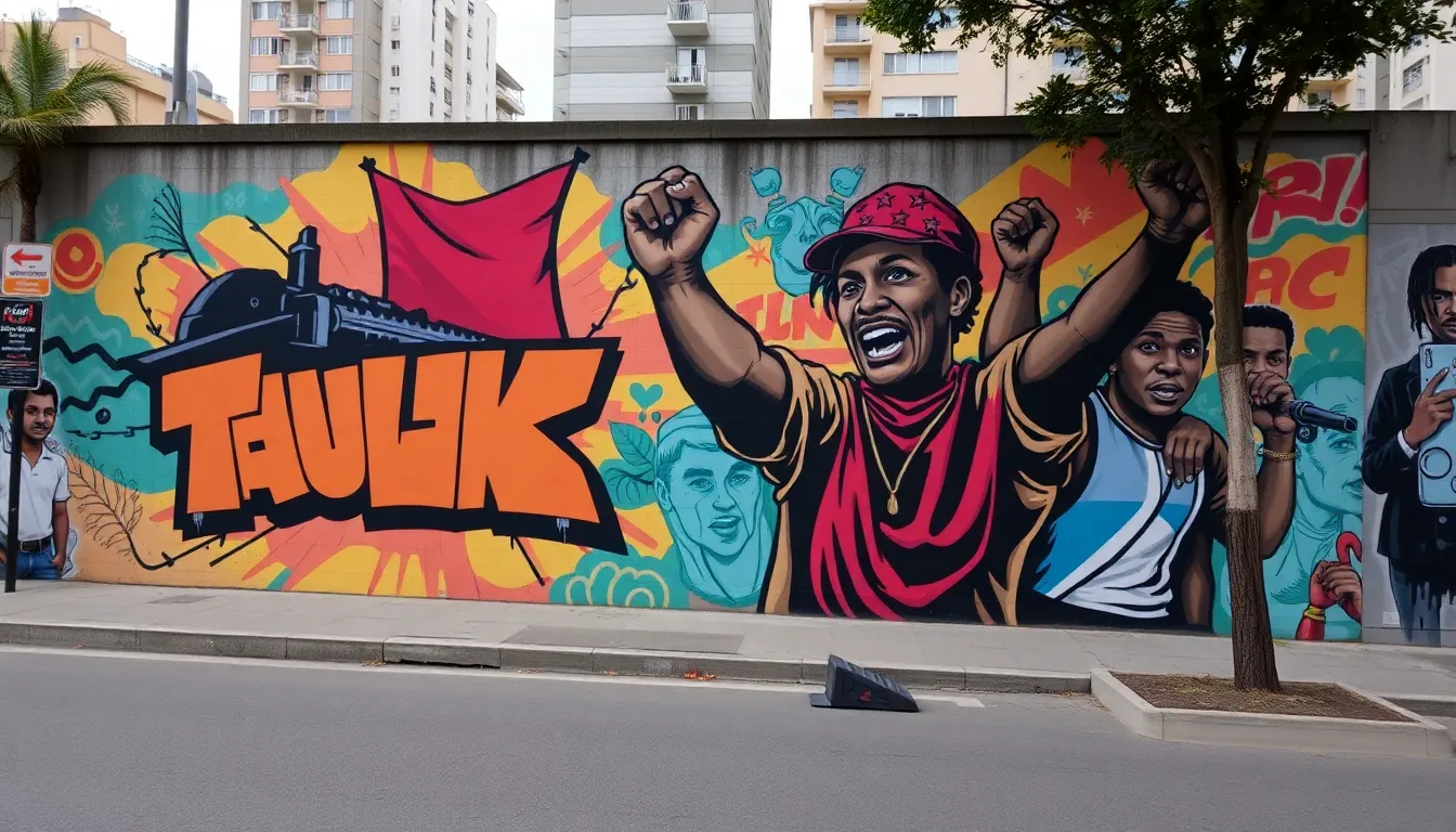 Young artists collaborating in a community art program, inspired by Pjota's work, as they express their identities and address social issues through street art