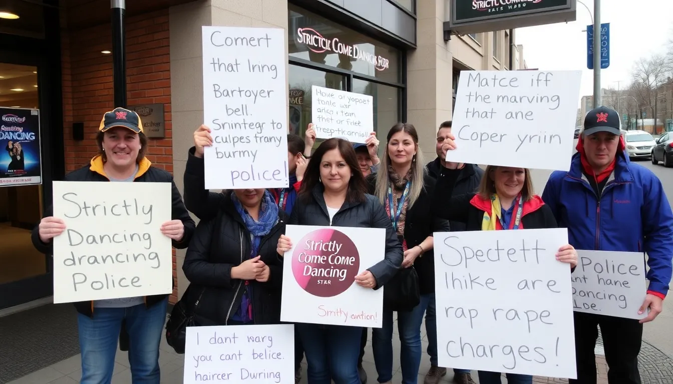 A group of concerned fans gathers outside a television studio, holding signs in support of a Strictly Come Dancing star who will not face rape charges, reflecting the mixed public reactions to the police's decision.