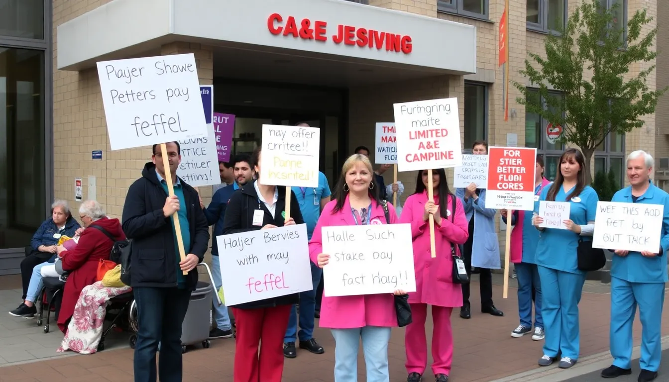 Healthcare workers picket outside a hospital, holding signs demanding better pay and working conditions amid a strike that has limited A&E services to minor injuries.