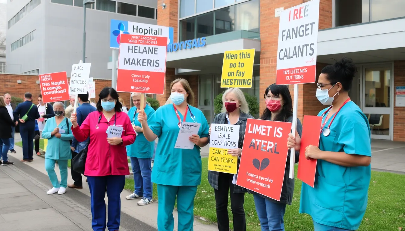 Community advocacy group members holding signs to emphasize the importance of accessible healthcare during the strike's impact on A&E units