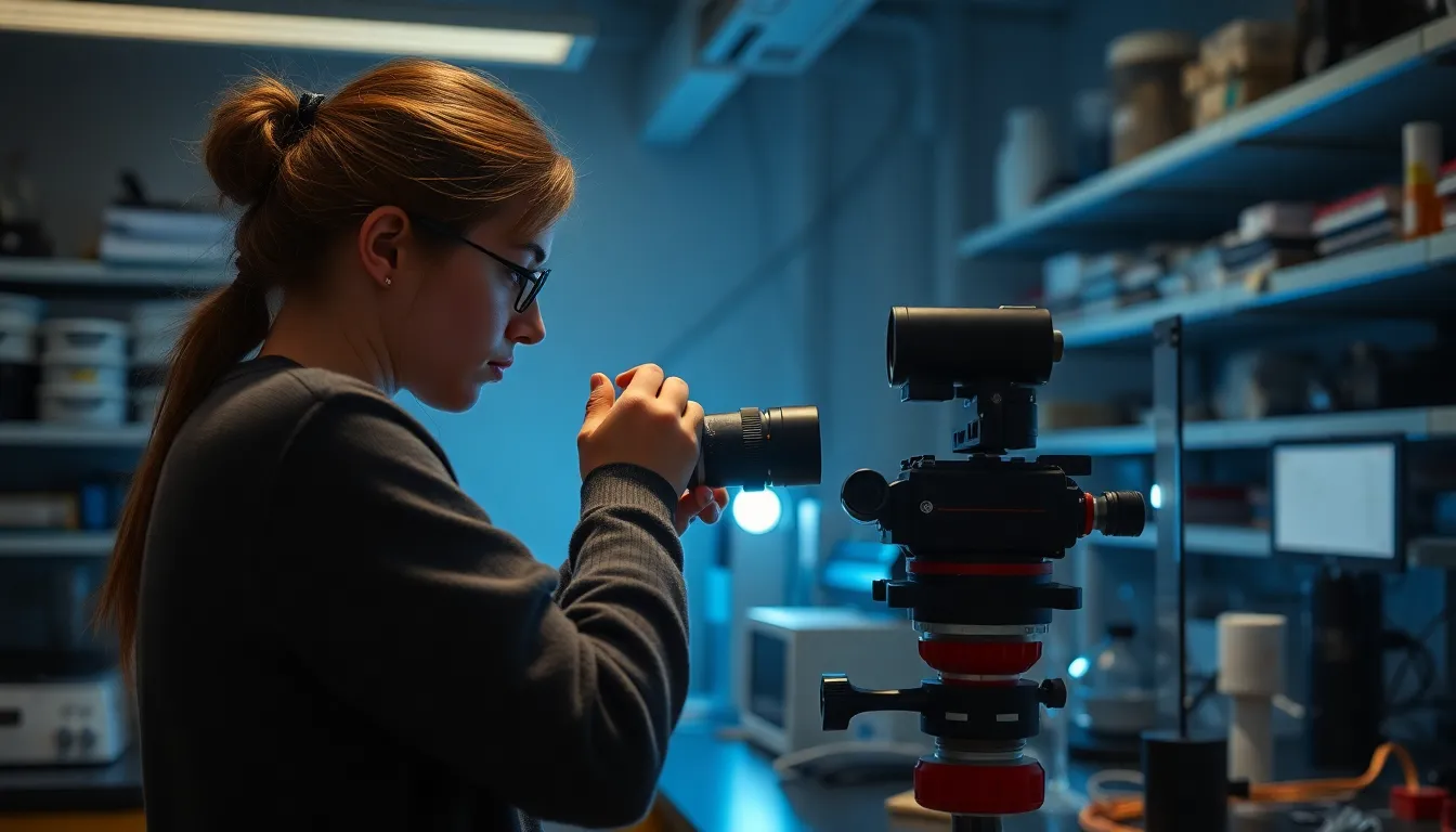 A student stands in a dimly lit laboratory, surrounded by equipment, as she carefully adjusts a specialized camera designed to capture cosmic rays for her innovative photographic project.