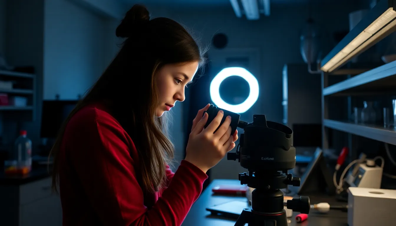 A researcher presents her findings at a conference, highlighting the significance of cosmic rays in photography and sparking curiosity among the scientific community