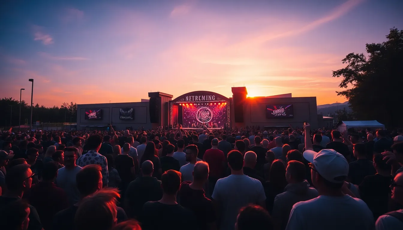 A crowd of enthusiastic fans gathers outside a concert venue, eagerly awaiting the performance of Sunn O))) as the sun sets behind the building.