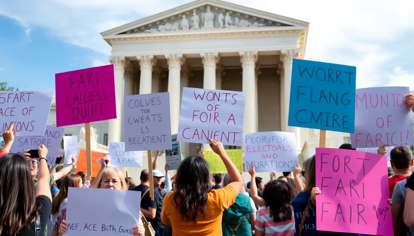 A group of protesters holding signs gathers outside the U.S. Supreme Court, advocating for fair representation and expressing concerns over the recent ruling on electoral maps.