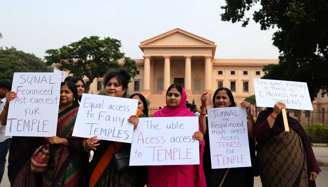 A group of women activists gathers outside India's Supreme Court, holding placards advocating for equal access to temples as legal hearings on the issue unfold.