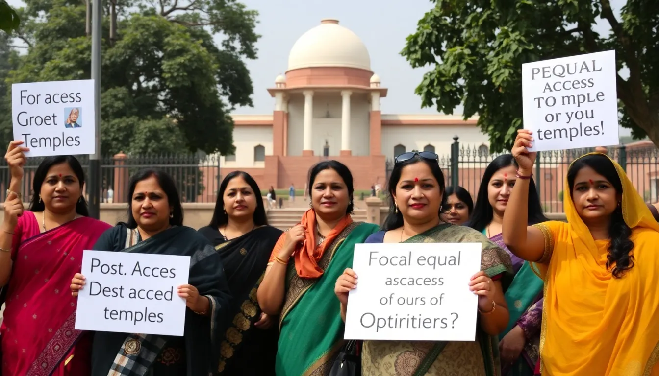 Women gathering outside a temple, holding placards advocating for equal rights and access to religious spaces