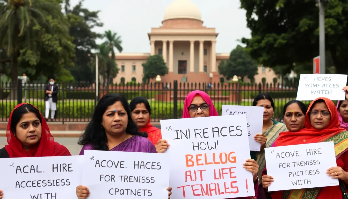 Protesters expressing their views on the Supreme Court ruling, highlighting the intersection of religion, politics, and women's rights in India