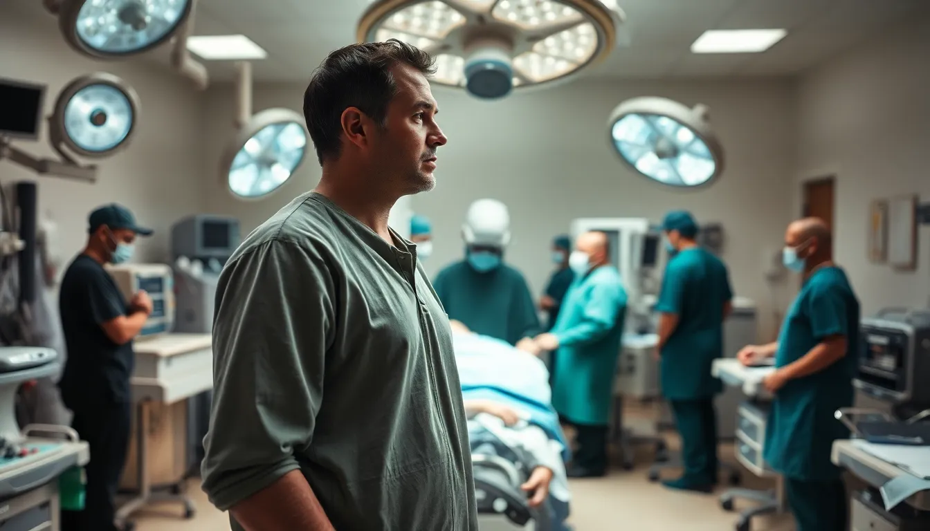 A surgeon stands in a hospital operating room, looking distressed while surrounded by medical equipment and staff after a tragic incident involving the removal of the wrong organ from a patient.