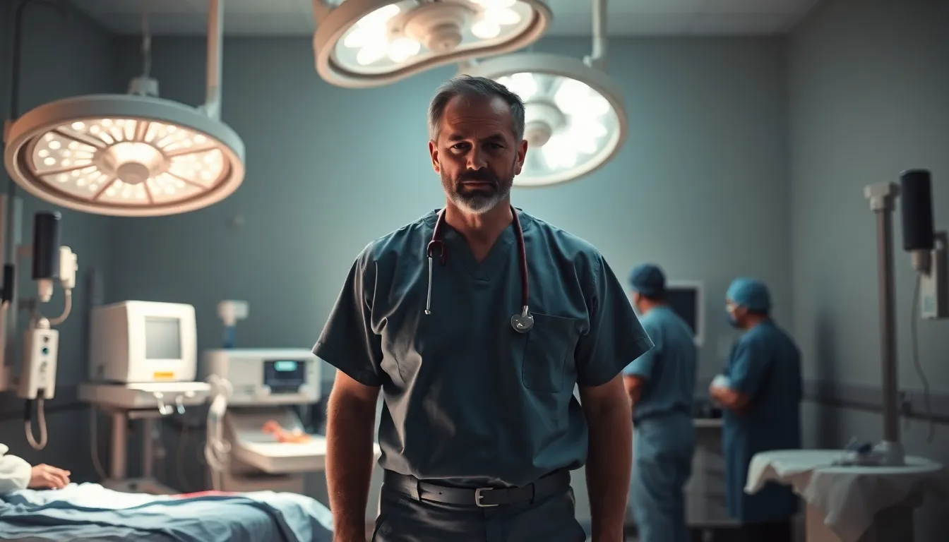 A surgeon in scrubs discussing surgical protocols during a medical conference focused on patient safety