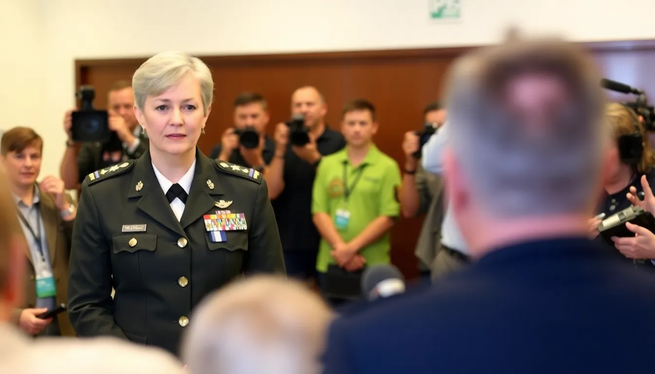 Major General Susan Coyle stands confidently in her military uniform during a press conference announcing her historic appointment as the first female head of the Australian Army.
