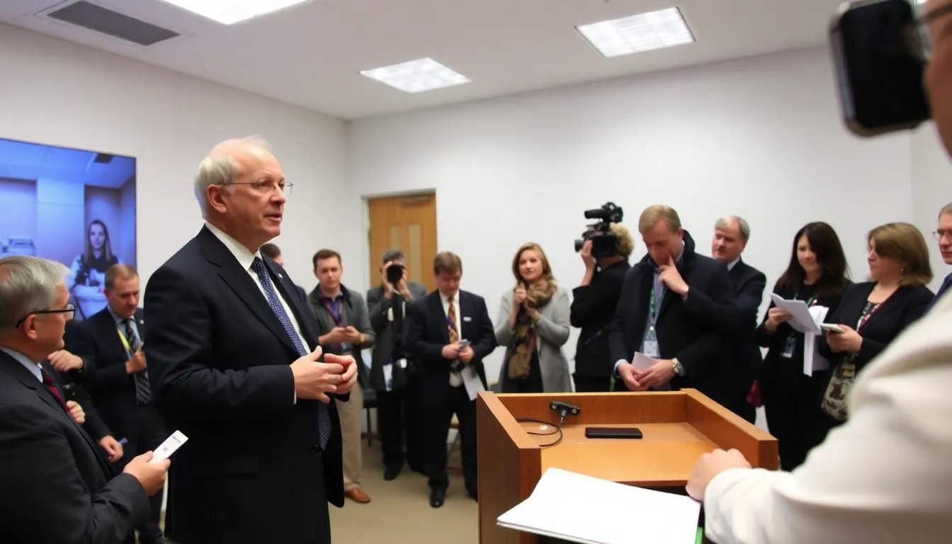 John Swinney speaks at a podium during a press conference, addressing the media about his revised views on North Sea drilling amid rising oil prices, with reporters taking notes in the foreground.