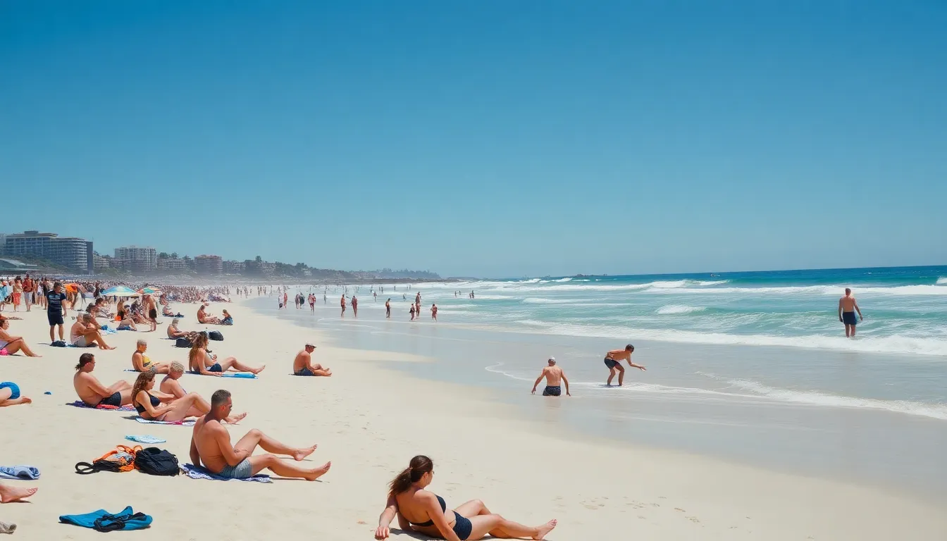 A group of people enjoys a sunny day at Bondi Beach, with clear skies and surfers riding the waves, reflecting the extended summer season in Sydney.