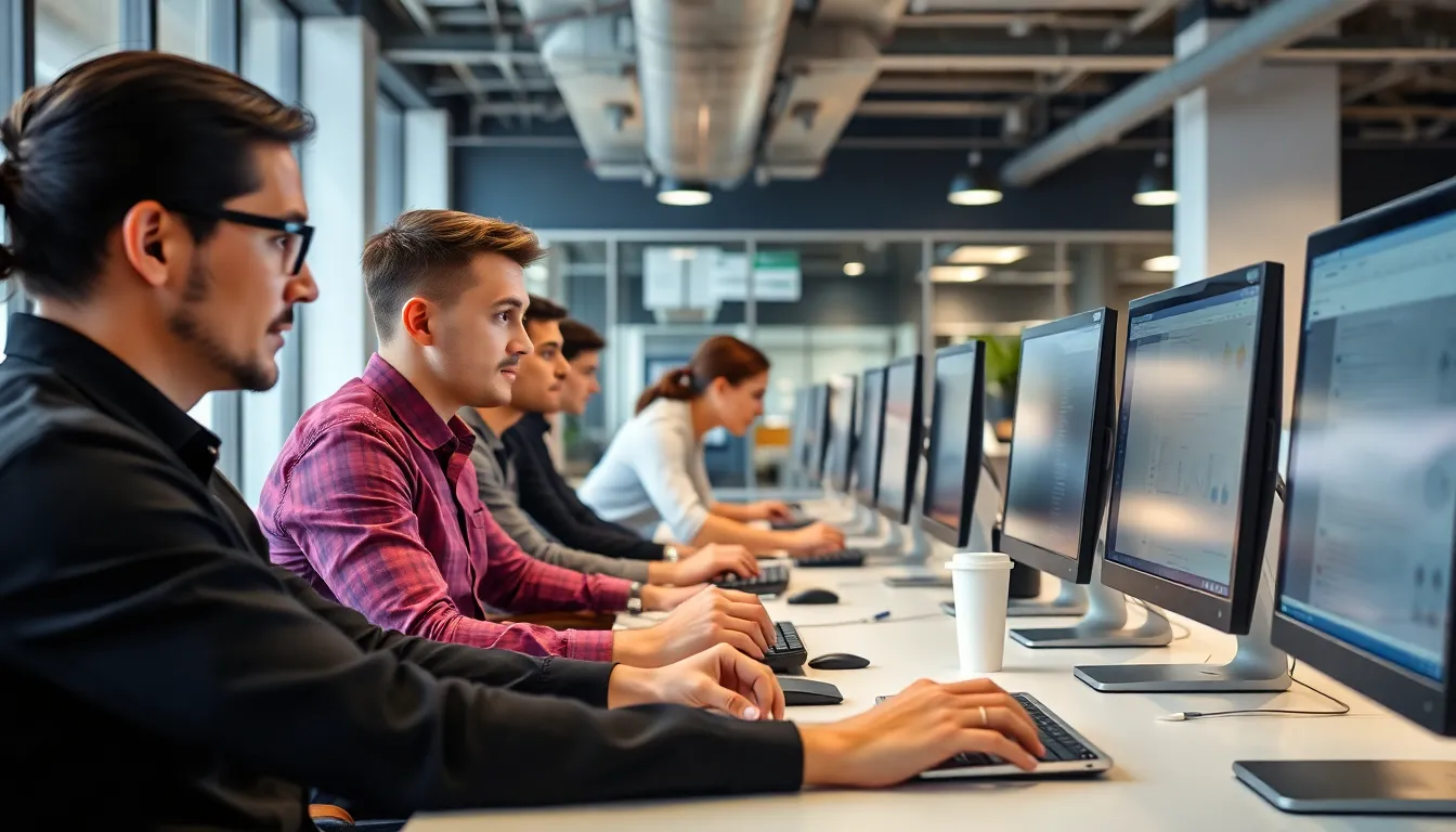 A group of individuals is seen working intently at their computers in a modern office space, engaged in data scraping tasks for Meta's AI initiatives.